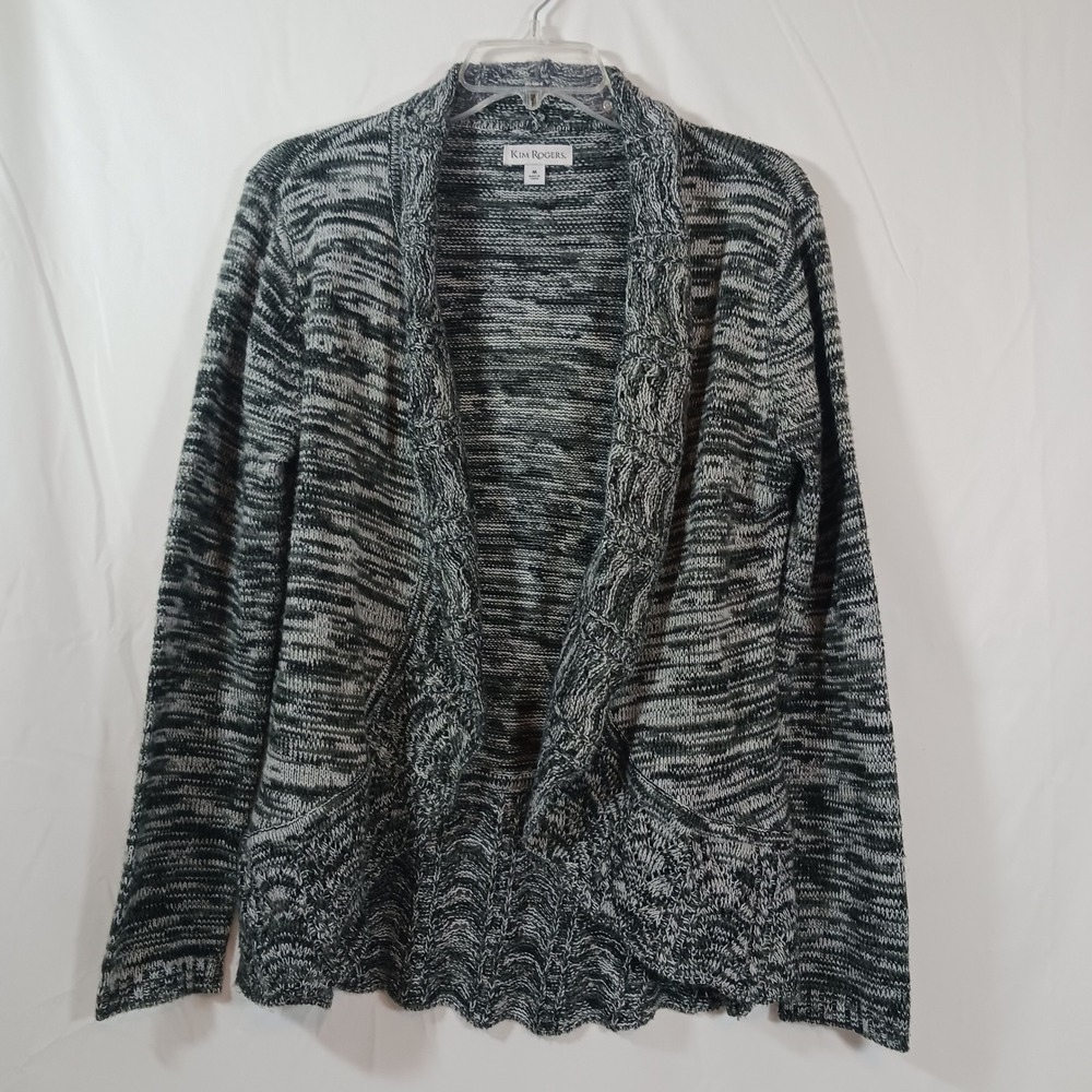 Kim Rogers Cardigan Womens Medium Black White Excellent Space Dye Open Front